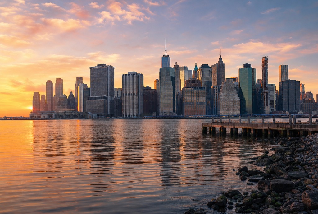 Lower Manhattan skyline at sunrise